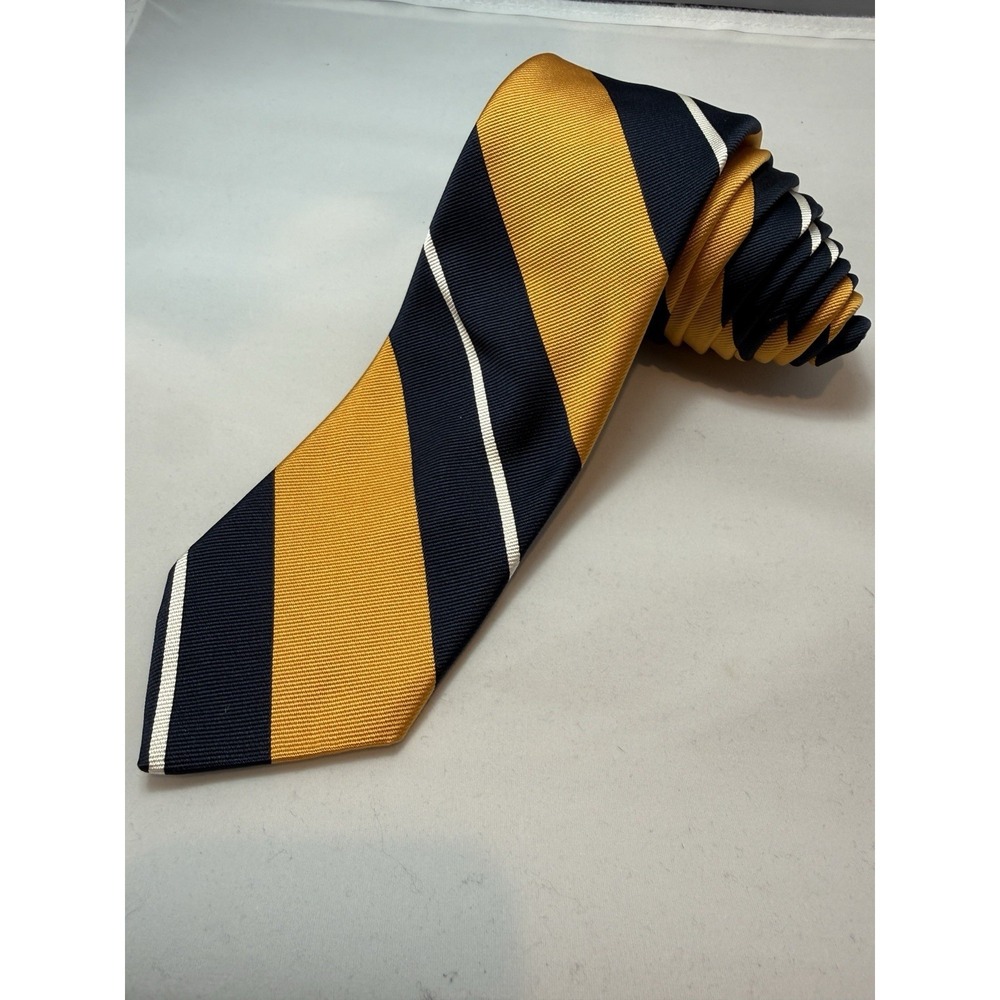 Bruer Repp Stripe Silk Tie Gold Blue Striped Preppy Ivy Michigan Style Colors